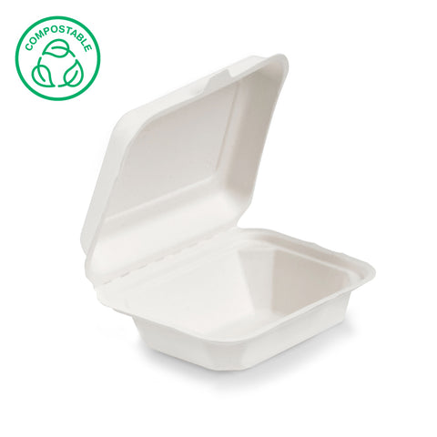 Bagasse Plain Clamshell Meal Boxes (200 / 500 / 600 pack)