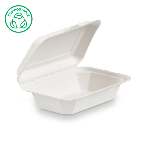 Bagasse Plain Clamshell Meal Boxes (200 / 500 / 600 pack)